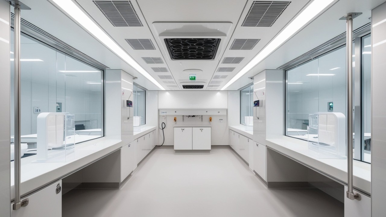 Interior de una sala blanca con climatización y filtrado HEPA